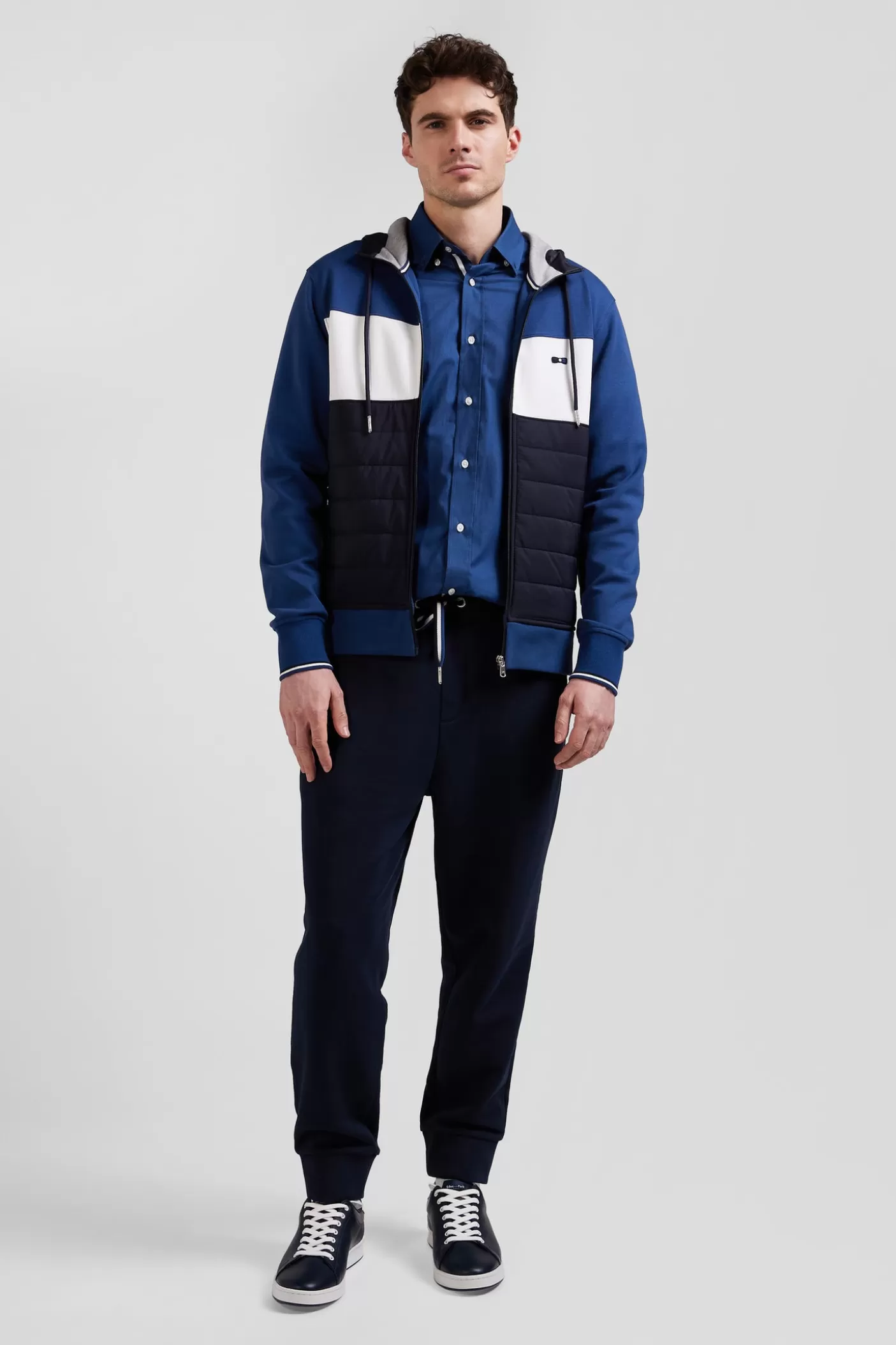 Cheap Sweatshirt à Capuche En Coton Mélangé Bleu Foncé Coupe Regular Parmenture Matelassée Homme Sweats