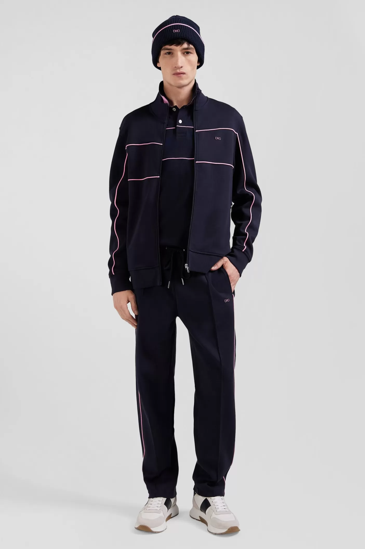 Hot Sweatshirt Zippé à Col Montant Bleu Marine Passepoil Rose Coupe Regular Homme Sweats