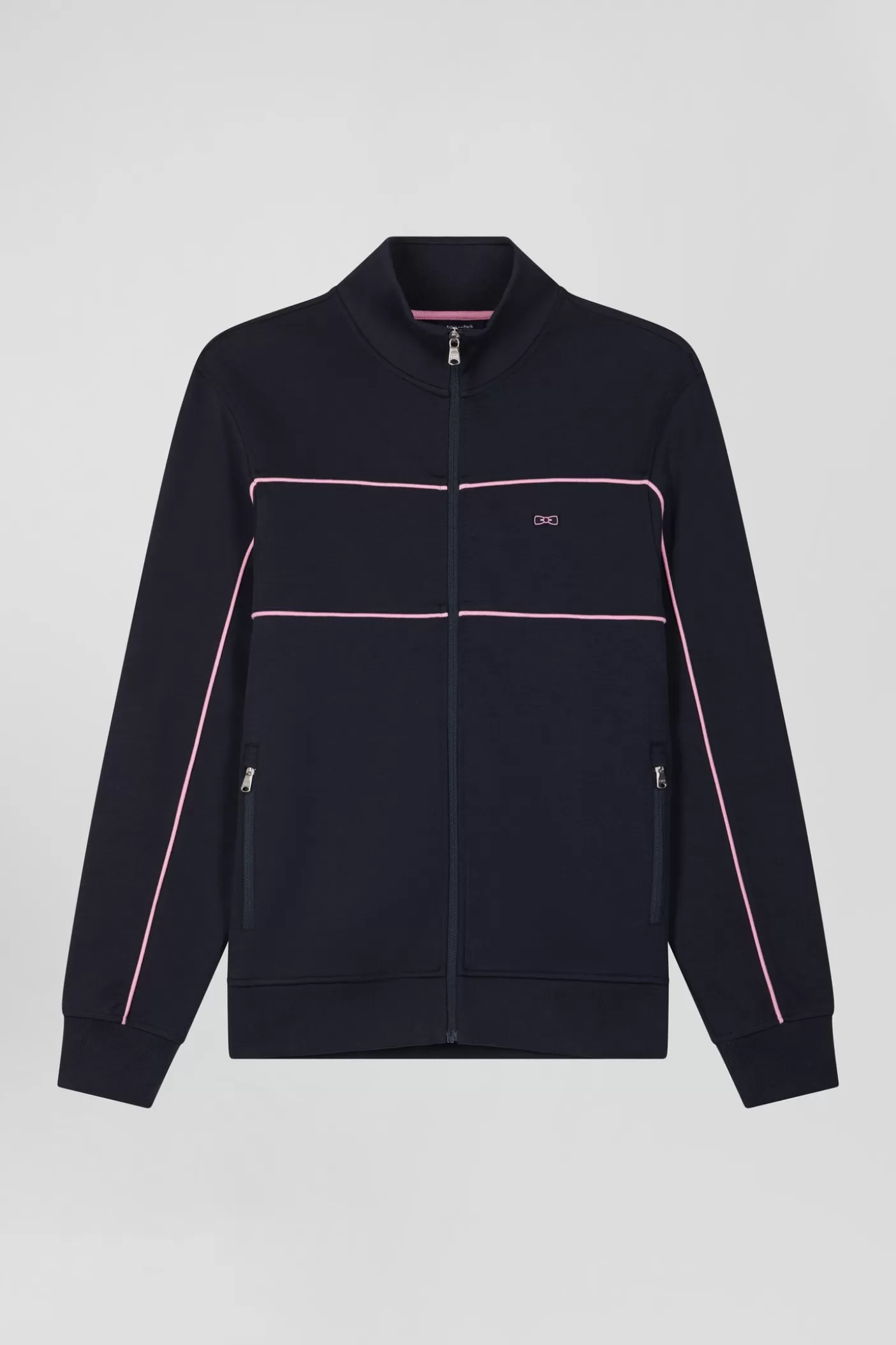 Hot Sweatshirt Zippé à Col Montant Bleu Marine Passepoil Rose Coupe Regular Homme Sweats