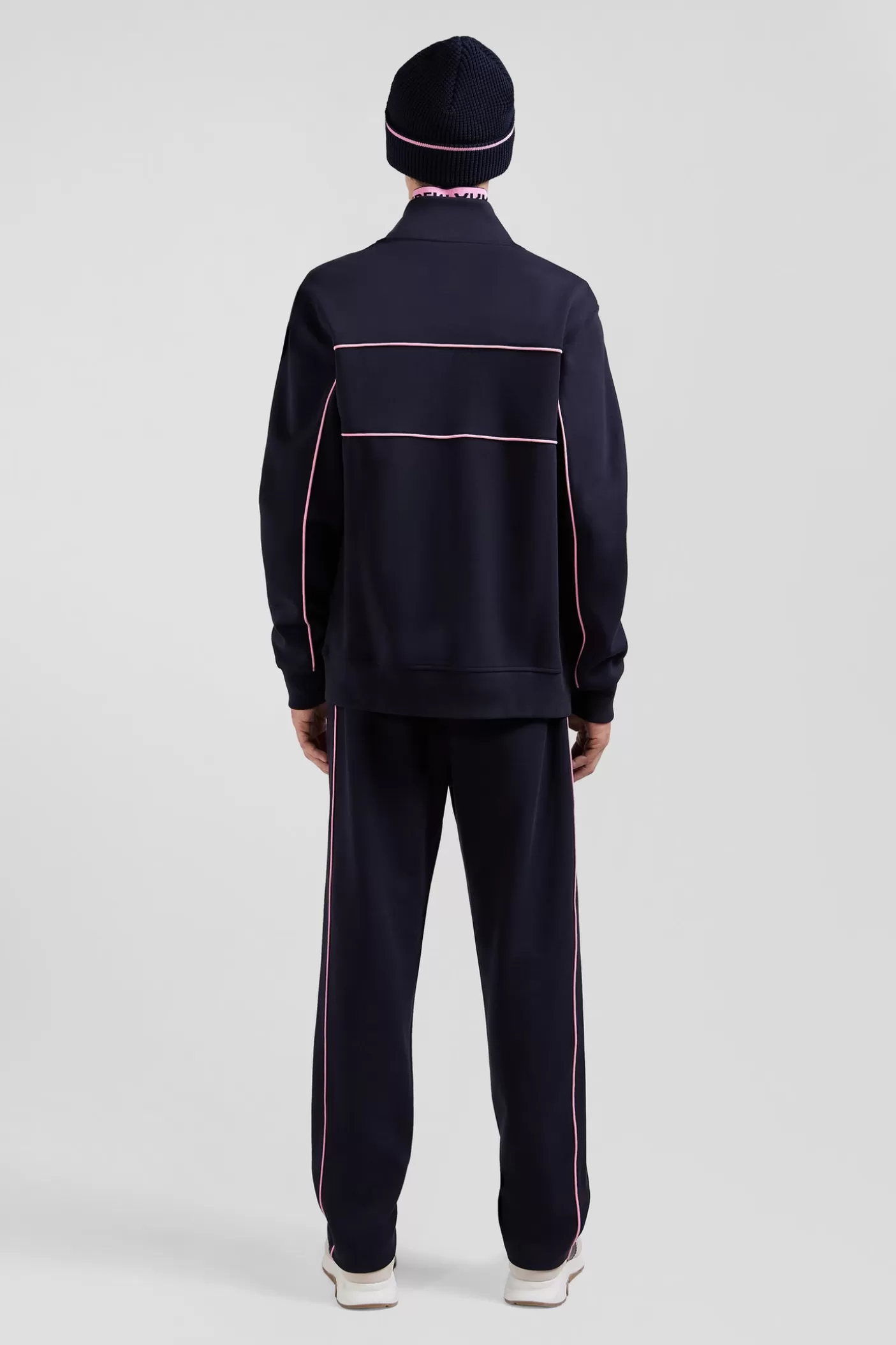 Hot Sweatshirt Zippé à Col Montant Bleu Marine Passepoil Rose Coupe Regular Homme Sweats