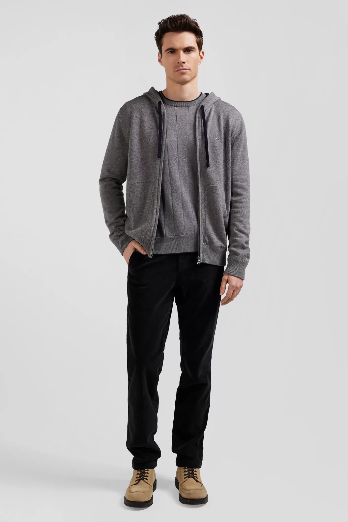 Best Sale Sweatshirt Zippé En Maille Laine Et Coton Gris Coupe Regular Homme Cardigans