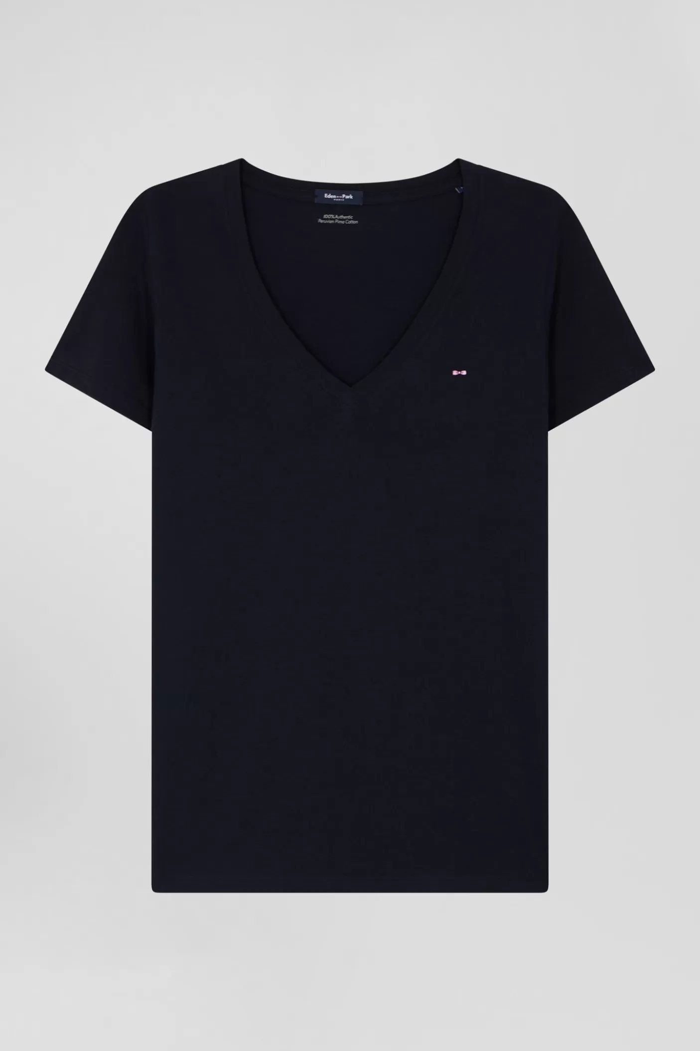 Cheap T-shirt Manches Courtes Col V En Coton Bleu Marine Coupe Regular Femme T-Shirts