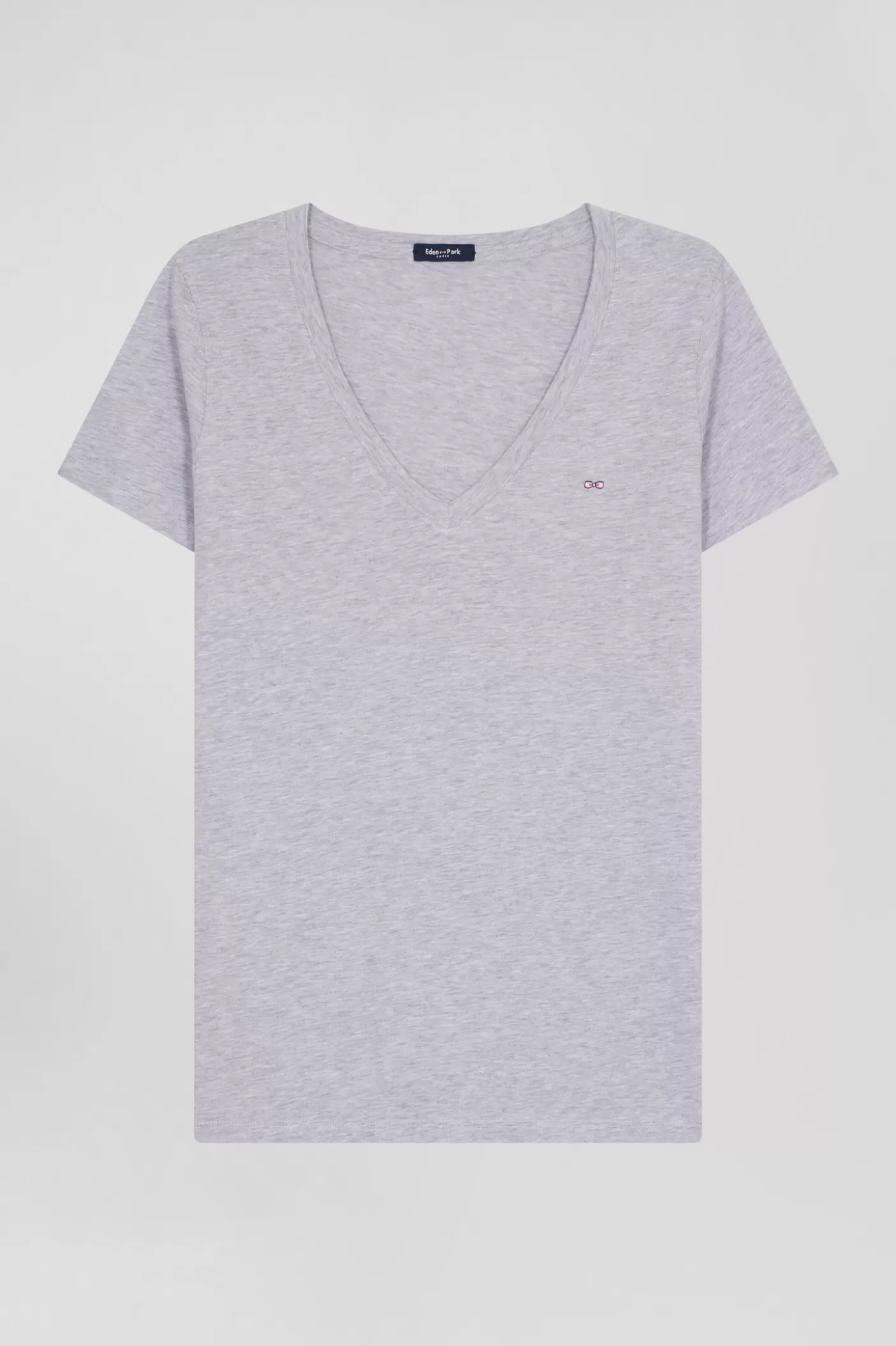 Cheap T-shirt Manches Courtes Col V En Coton Gris Coupe Regular Femme T-Shirts