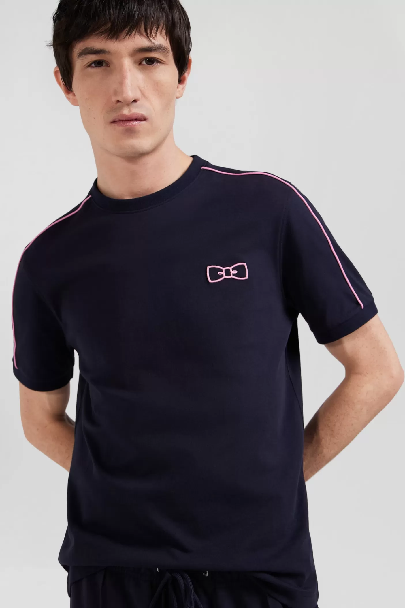 Best T-shirt Manches Courtes En Coton Bleu Marine Passepoil Rose Coupe Regular Homme T-Shirts