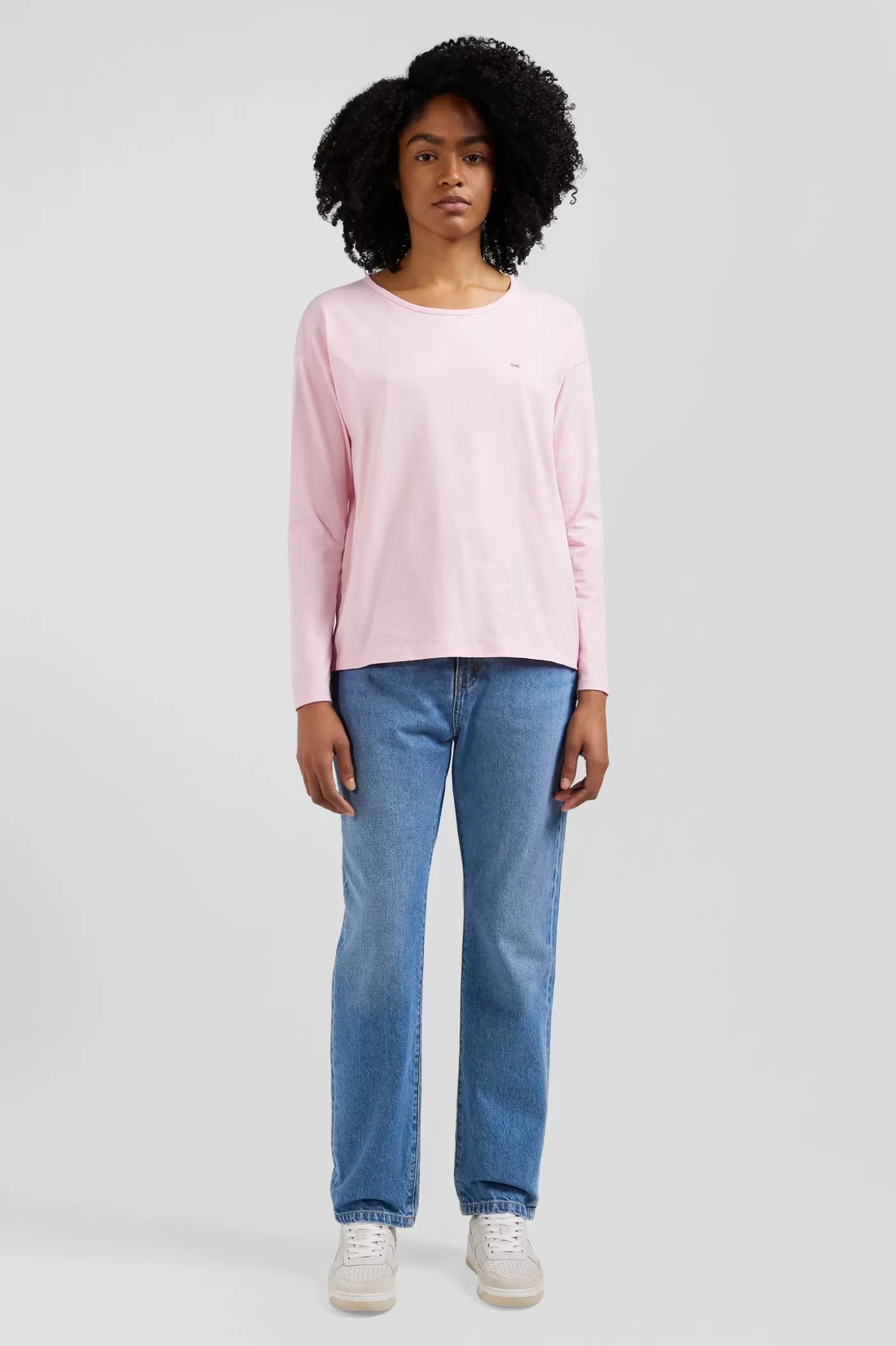Discount T-shirt Manches Longues à Col Rond En Coton Rose Coupe Relaxed Femme T-Shirts