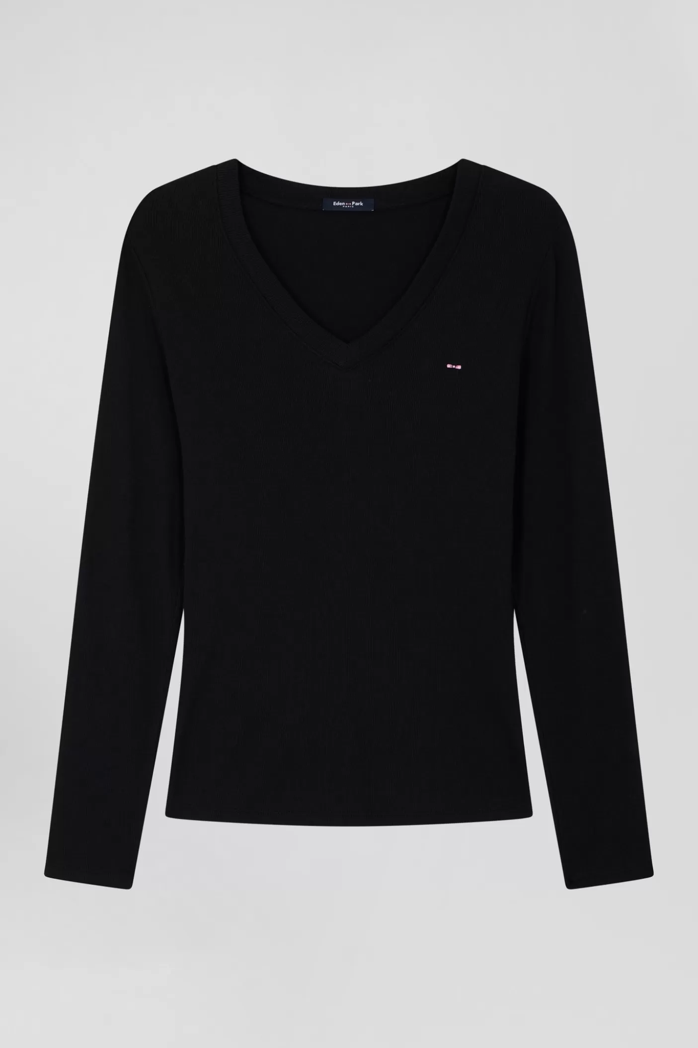 Best Sale T-shirt Manches Longues à Col V En Coton Noir Coupe Slim Femme T-Shirts