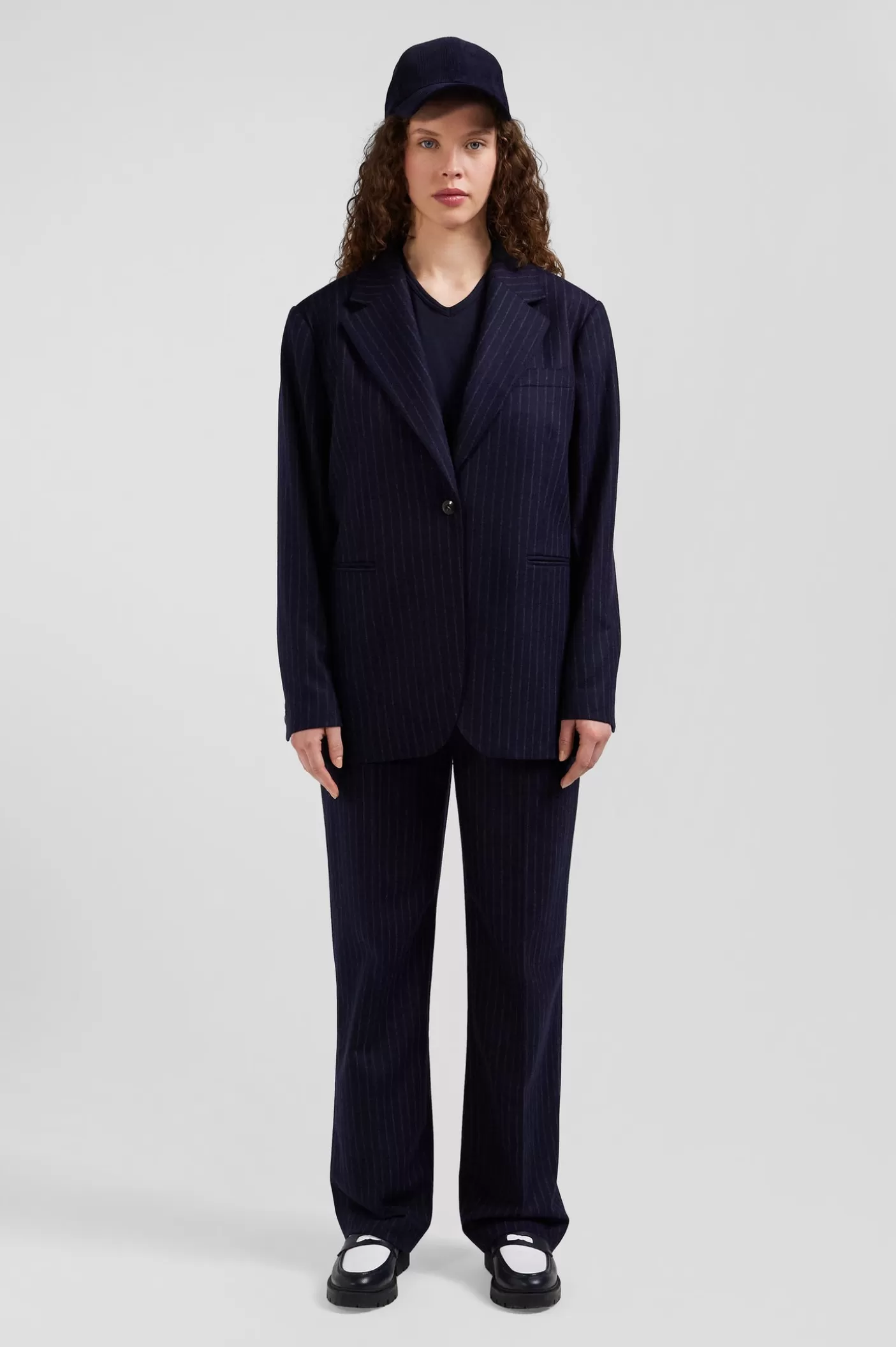 Sale Veste Blazer En Laine Bleu Marine Rayée Coupe Oversized Femme Manteaux Et Vestes